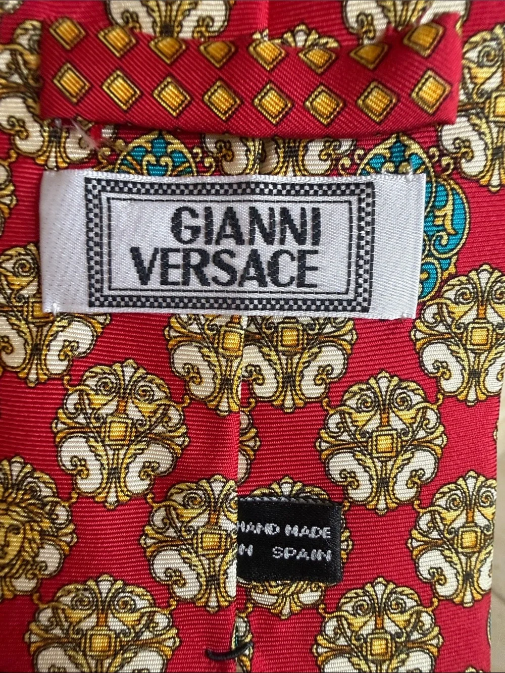 Versace Red Medallion Silk Tie with Gold and Teal Accents